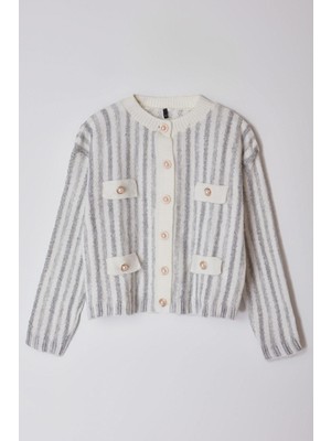 FRM Kadın Moda Şık Regular Bisiklet Yaka Regular Yumuşak Dokulu Ceket Görünümlü Triko Hırka