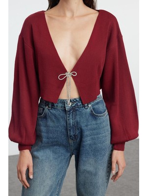 Kadın Moda Şık Crop V Yaka Regular Süper Crop Basic Fiyonklu Triko Hırka
