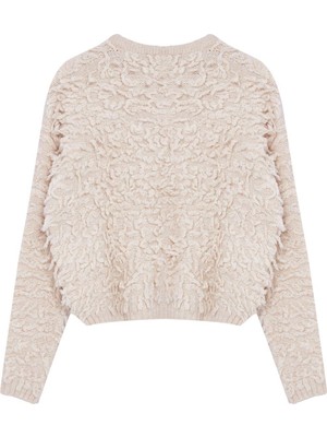 FRM Kadın Moda Şık Regular Bisiklet Yaka Regular Yumuşak Dokulu Püsküllü Mont Triko Hırka