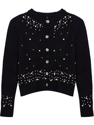 Kadın Moda Şık Crop Bisiklet Yaka Slim Crop Yumuşak Dokulu Inci Detaylı Ceket Görünümlü Triko Hırka