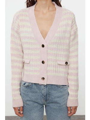 FRM Kadın Moda Şık Regular V Yaka Regular Yumuşak Dokulu Çizgili Triko Hırka