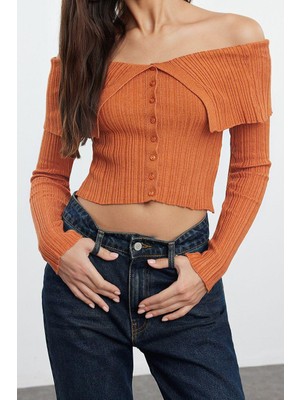 FRM Kadın Moda Şık Crop Carmen Yaka Slim Crop Premium Iplik Triko Hırka