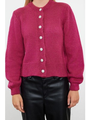 Kadın Moda Regular Bisiklet Yaka Regular Yumuşak Dokulu Mücevher Düğmeli Ceket Görünümlü Triko Hırka