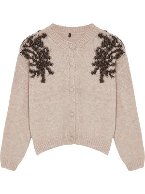 FRM Kadın Moda Şık Regular Bisiklet Yaka Regular Yumuşak Dokulu Parlak Sim Işlemeli Triko Hırka