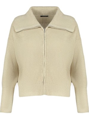 FRM Kadın Moda Şık Regular Devrik Yaka Oversize Geniş Kalıp Devrik Yaka Fermuarlı Triko Hırka