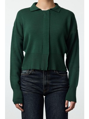 FRM Kadın Moda Şık Regular Polo Yaka Regular Polo Yaka Fermuar Detaylı Triko Hırka