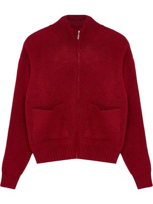 FRM Kadın Moda Şık Regular Dik Yaka Regular Yumuşak Dokulu Fermuarlı Triko Hırka