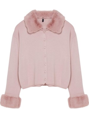 FRM Kadın Moda Şık Regular Polo Yaka Regular Kürk Detaylı Triko Hırka