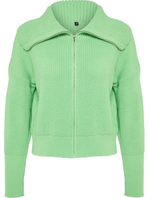 FRM Kadın Moda Şık Regular Devrik Yaka Oversize Geniş Kalıp Devrik Yaka Fermuarlı Triko Hırka