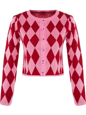 FRM Kadın Moda Şık Crop Bisiklet Yaka Slim Crop Desenli Jakarlı Ceket Görünümlü Triko Hırka