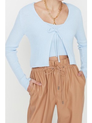 FRM Kadın Moda Şık Crop V Yaka Slim Crop Bağlama Detaylı Bluz-Hırka Triko Takım