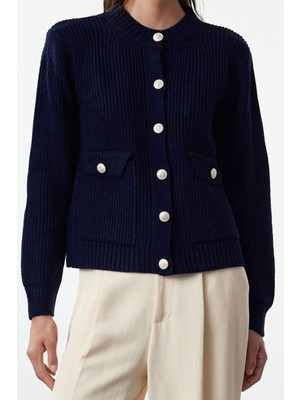 FRM Kadın Moda Şık Regular Bisiklet Yaka Regular Ceket Görünümlü Triko Hırka