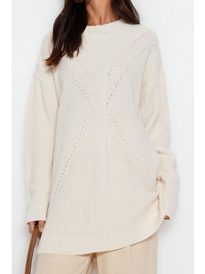 Ersefa Kadın Modern Tarz Rahat Uzun Bisiklet Yaka Ajurlu Kol Regular Triko Kazak