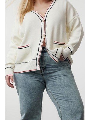 Ersefa Büyük Beden Kadın Modern Tarz Rahat Uzun V Yaka Çizgili Kol Regular Triko Hırka