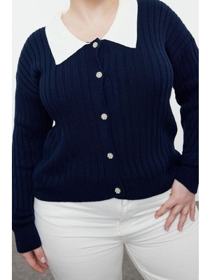 Ersefa Büyük Beden Kadın Modern Tarz Rahat Uzun Gömlek Yaka Düz Kol Regular Triko Hırka