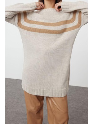 Kadın Modern Tarz Rahat Uzun Bisiklet Yaka Çizgili Kol Midi Triko Kazak