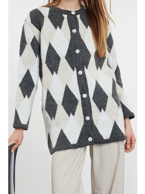 Ersefa Kadın Modern Tarz Rahat Uzun Bisiklet Yaka Baklava Kol Uzun Triko Hırka