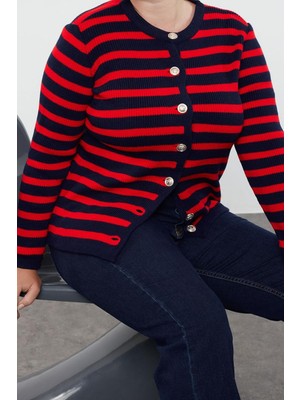 Ersefa Büyük Beden Kadın Modern Tarz Rahat Uzun Bisiklet Yaka Çizgili Kol Regular Triko Hırka