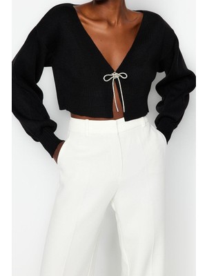 Ersefa Kadın Modern Tarz Rahat Uzun V Yaka Düz Kol Crop Triko Hırka