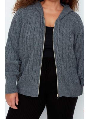 Büyük Beden Kadın Modern Tarz Rahat Uzun Kapüşonlu Saç Örgü Kol Regular Triko Hırka