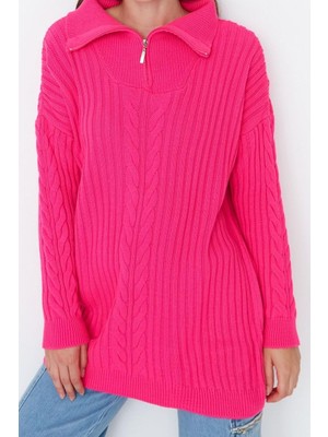 Ersefa Kadın Modern Tarz Rahat Uzun Yarım Balıkçı Yaka Saç Örgü Kol Regular Triko Kazak