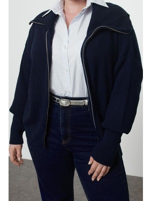 Ersefa Büyük Beden Kadın Modern Tarz Rahat Uzun Devrik Yaka Düz Kol Regular Triko Hırka