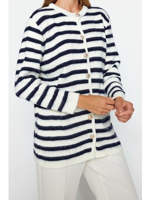 Ersefa Kadın Modern Tarz Rahat Uzun Bisiklet Yaka Çizgili Kol Regular Triko Hırka