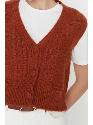 Kadın Modern Tarz Rahat Kolsuz V Yaka Saç Örgü Kol Crop Triko Yelek