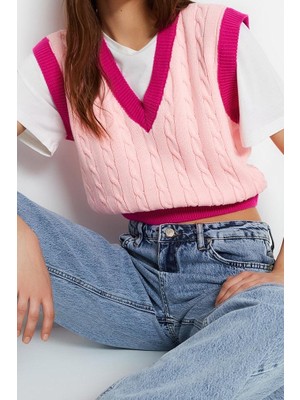 Ersefa Kadın Modern Tarz Rahat Kolsuz V Yaka Renk Bloklu Kol Crop Triko Süveter