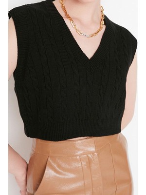 Ersefa Kadın Modern Tarz Rahat Kolsuz V Yaka Saç Örgü Kol Crop Triko Süveter