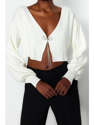 Ersefa Kadın Modern Tarz Rahat Uzun V Yaka Düz Kol Crop Triko Hırka