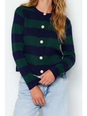 Ersefa Kadın Modern Tarz Rahat Uzun Bisiklet Yaka Çizgili Kol Regular Triko Hırka