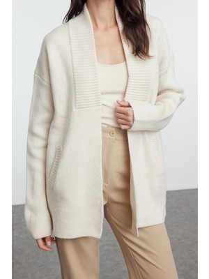 Ersefa Kadın Modern Tarz Oversize Şal Yaka Midi Triko Hırka