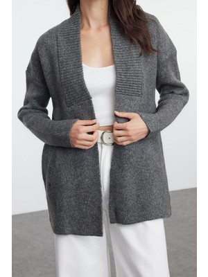 Ersefa Kadın Modern Tarz Oversize Şal Yaka Midi Triko Hırka