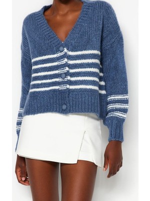 Ersefa Kadın Modern Tarz Rahat Uzun V Yaka Çizgili Kol Triko Hırka