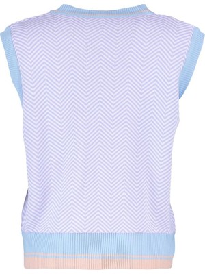 Frm Kadın Moda Şık Regular V Yaka Kolsuz Geometrik Geometrik Desenli Triko Süveter