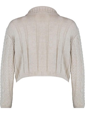 FRM Kadın Moda Şık Crop Polo Yaka Regular Crop Polo Yaka Triko Hırka