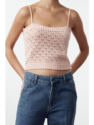 FRM Kadın Moda Şık Crop V Yaka Crop Ajurlu Delikli Crop Triko Hırka