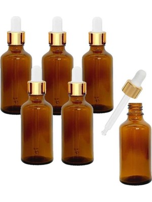 Makrobay Amber Cam Şişeler - Altın - Beyaz Cam Pipetli 50 ml x 6 Adet