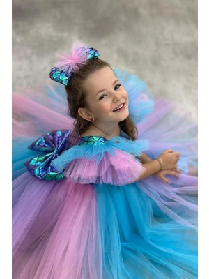 Deniz Kızı Party Balo Kostümü Çok Renkli Kız Çocuk Elbisesi Maxi Stil Fırfırlı Yaka ABY885