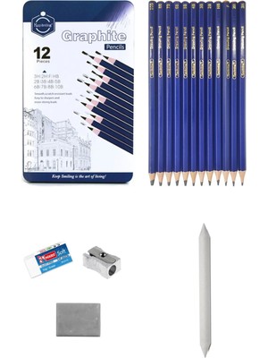 Acuto Karakalem Çizim Seti Metal Kutulu Eskiz Seti 12 Dereceli Kalem Hamur Silgi Pastel Dağıtıcı