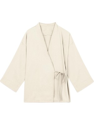 Bağlamalı Tencel Kimono Krem