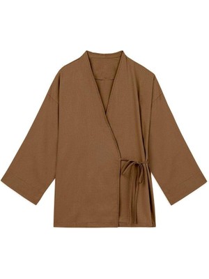 Bağlamalı Tencel Kimono Kahverengi