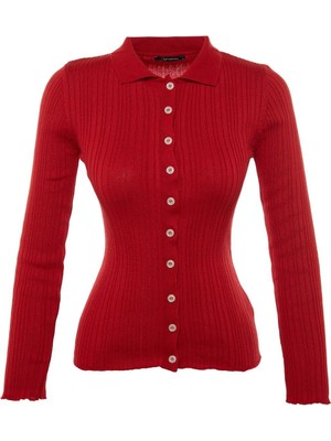 FRM Kadın Moda Şık Regular Polo Yaka Slim Fitilli Polo Yaka Triko Hırka