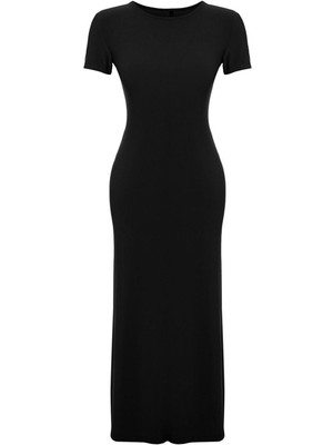 FRM Slim Casual Günlük Kalın Sandy Örme Bisiklet Yaka Kısa Kol Bodycone Maxi Boy Elbise