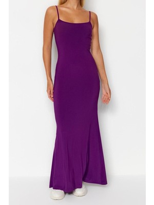 FRM Slim Gündüz Gece Kalın Sandy Örme Kare Yaka Askılı Kol Bodycone Maxi Boy Elbise