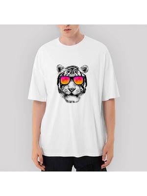 Crows Gate Güneş Gözlüklü Kaplan Oversize Beyaz Tişört