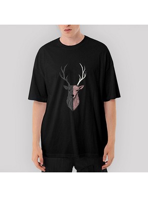 Crows Gate Geyik Çizim Oversize Siyah Tişört
