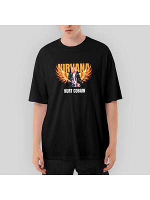 Crows Gate Nirvana Kurt Cobain Guitar Angel Oversize Siyah Tişört