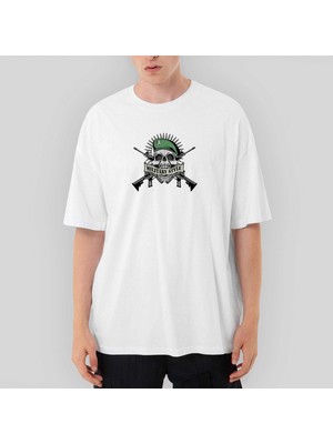 Crows Gate Military Style Skull Logo Oversize Beyaz Tişört